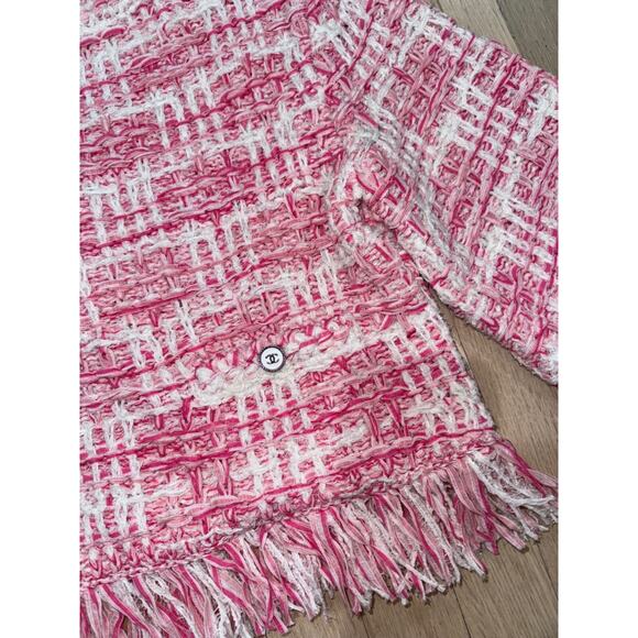 Chanel 24P Pink White Knit Frayed Tweed CC Logo Short Sleeve Pullover Top 38 - Picture 10 of 16
